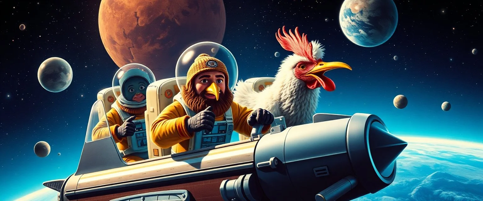 movie poster, soap opera, cowboy astronauts in a spaceship , space alien Abominable Yeti Chicken