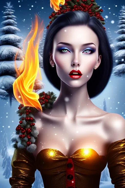 portrait lady big bobs black hairs Christmas in the snow and fire