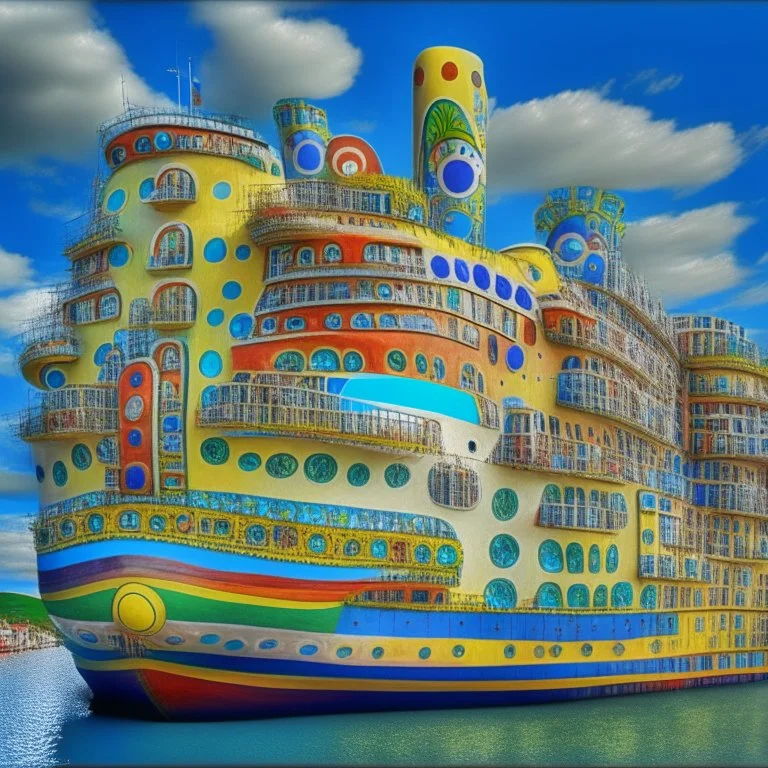 big cruise liner in hundertwasser style photo realistic high definition