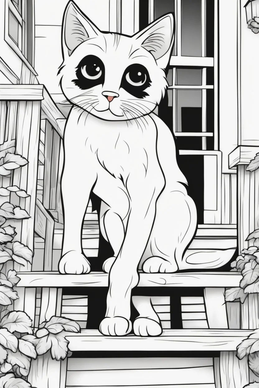 coloring page for kids, Cats on the porch, cartoon style, thick lines, low detail, no shading