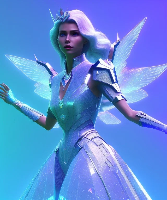 A crystalised queen, atmospheric, realistic, unreal engine, cinematic lighting, octane render. blue, pink, transparency, light, shine,bright, full body, transparent wings, blonde, long hair, nice smile