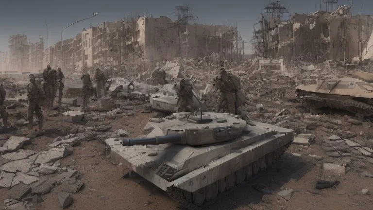 Israeli soldiers and tanks stand on a very large chessboard in the middle of a destroyed city