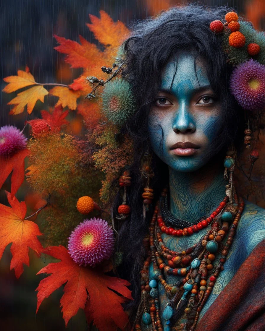 Vibrant autumn foliage in a rain-kissed setting, Ikebana arrangement, Haiku poetry inspiration, Japanese garden elements, autumn asters, Utagawa Hiroshige essence, Isaac Levitan influence, woman with dark skin, tribal markings, mysterious expression, piercing eyes, flowing black hair, colorful beads, layered textiles, bright hues, ornate jewelry, cultural richness, dark, blurred backdrop, GoBi, Наталья И-ва.Mystical character with pale blue scaly skin, icy green eyes, dark eyeliner, cascading da