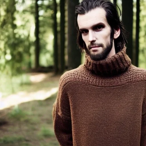 a full picture of a tall skinny man with greasy hair wearing a woolen sweater outside in nature