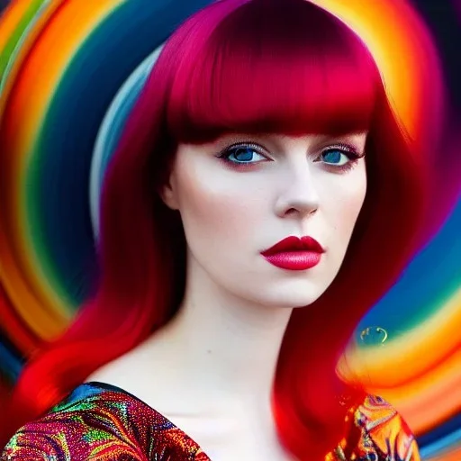 Photo of a gorgeous young lena katina, beautiful face, multi-hued red hair; in the style of martine johanna, draped in flowing fabric, colorful energetic brush strokes, realistic, sharp focus, 8k high definition, insanely detailed, intricate, elegant, art by martine johanna and artgerm