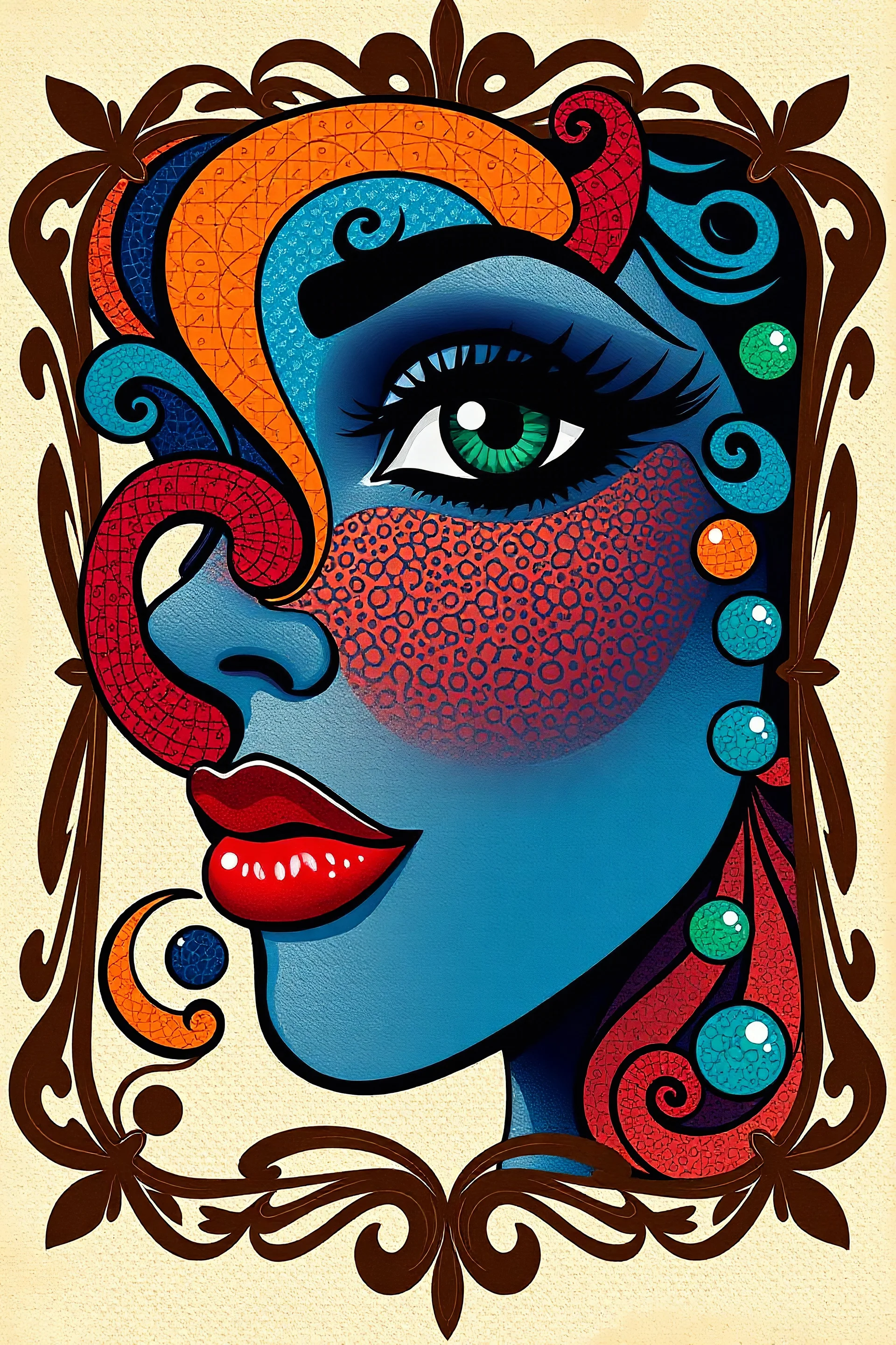 A vibrant, abstract portrait of a woman's face, featuring bold colors like blue, orange, red, and green. The face is stylized with intricate patterns and textures, emphasizing her striking eye and glossy lips. The design incorporates swirling shapes and bubbles, framed in a decorative brown border, against a textured light background