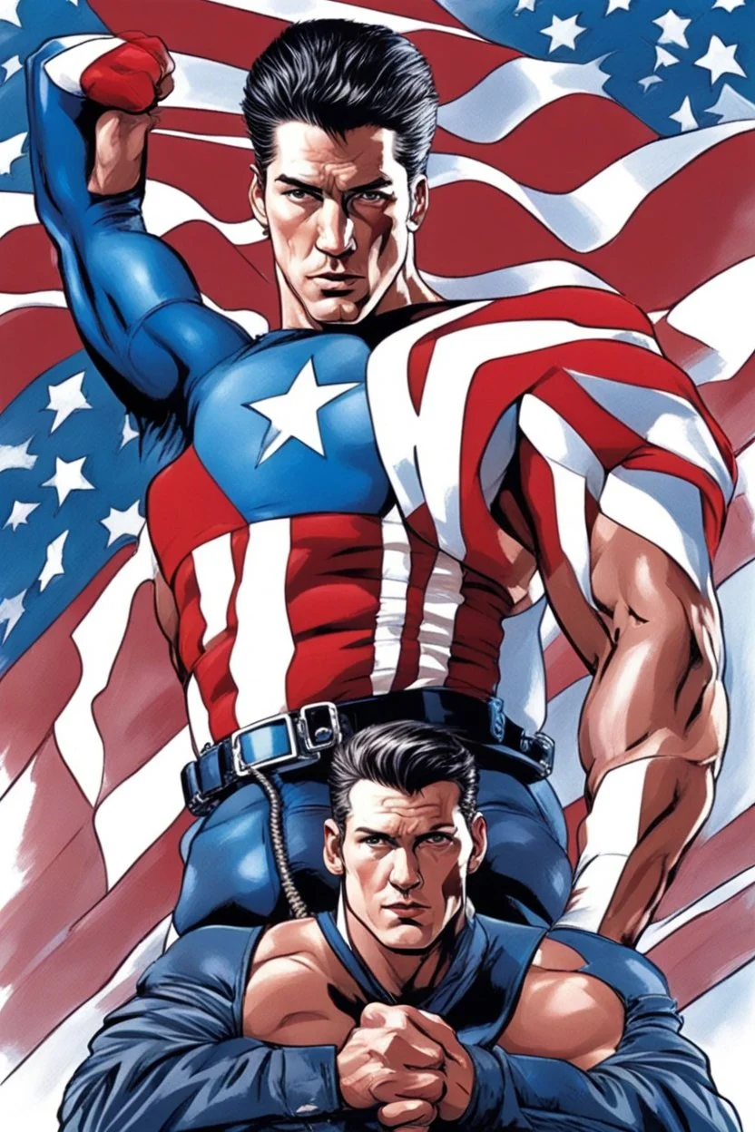 20-year-old, extremely muscular, short, curly, buzz-cut, military-style haircut, pitch black hair, Paul Stanley/Elvis Presley/Keanu Reeves/Pierce Brosnan/Jon Bernthal/Sean Bean/Dolph Lundgren/Patrick Swayze/ hybrid, as the extremely muscular Superhero "SUPERSONIC" in an original patriotic red, white and blue, "Supersonic" suit with an America Flag Cape,