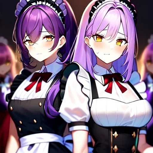 Clear focus, 8k, high quality, detailed, beautiful lighting, vibrant colors, purple hair, vibrant golden eyes, black and red maid outfit, maid, nervous