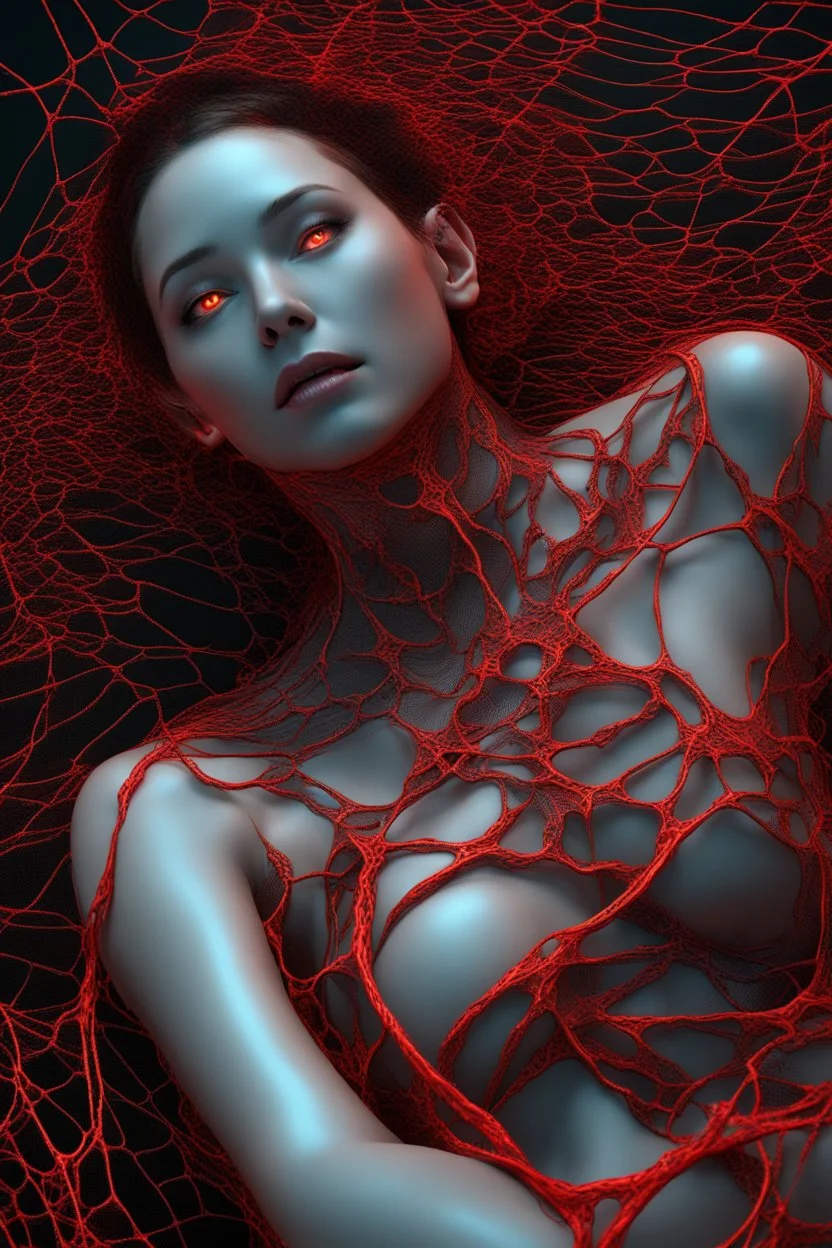 arafed woman laying on the ground with a red net, fractal veins. cyborg, mind-bending digital art, intricate transhuman, cybernetic demon dreaming, fractal veins. dragon cyborg, 3d render digital art, intricate 3 d illustration, intricate artwork. octane render, 3 d neon art of a womens body, digital art render