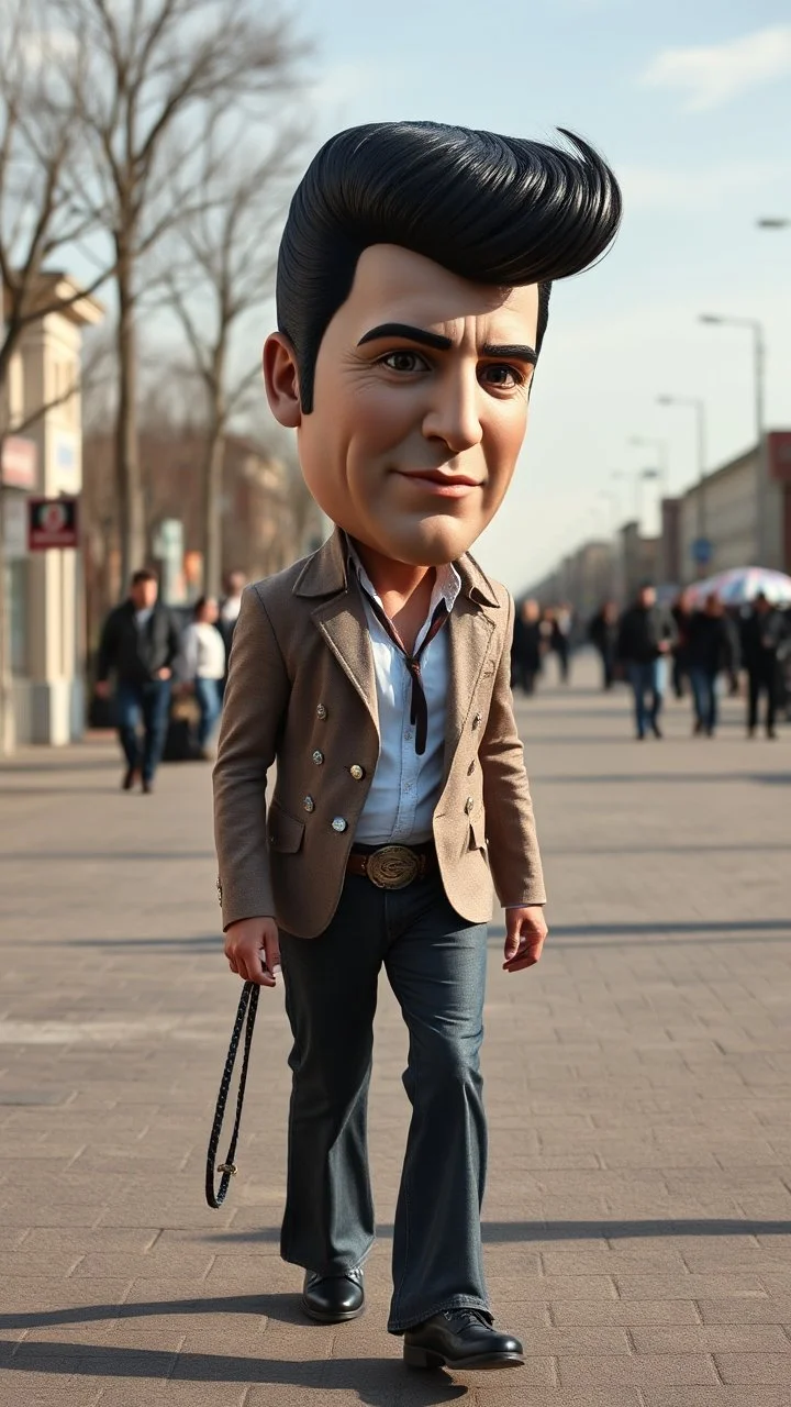 A man with very big head and small body looks like Elvis walking