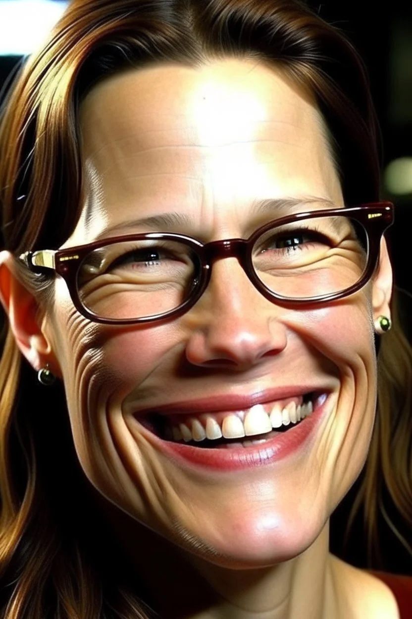 Jennifer Garner con dientes afilados, lentes redondos con muchos granos de acné