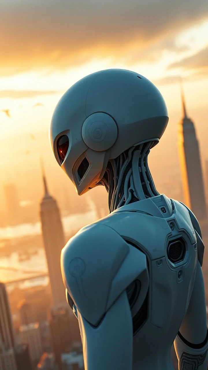 Photoreal Gorgeous godlike white alien cyborg looking over a futuristic city of New York on the horizon in mystical haze at golden hour , otherworldly creature, in the style of fantasy movies, photorealistic, bokeh masterpiece smooth shading, ultra detailed, high resolution, cinematic, unreal 6, subtle shadows, octane render, 8k, cinema 4d, HDR, dust effect, vivid colors