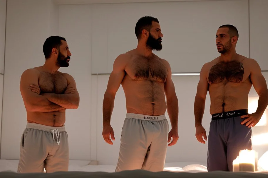 full figure shot photography of two arab prisoners in cell sitting on the edge of a bed talking, muscular hairy chubby 45 years old,long beard, low lights, misery and poverty, in undershirt and boxers, little light enters from a skylight above, lights from above, photorealistic, ambient occlusion, front view from below