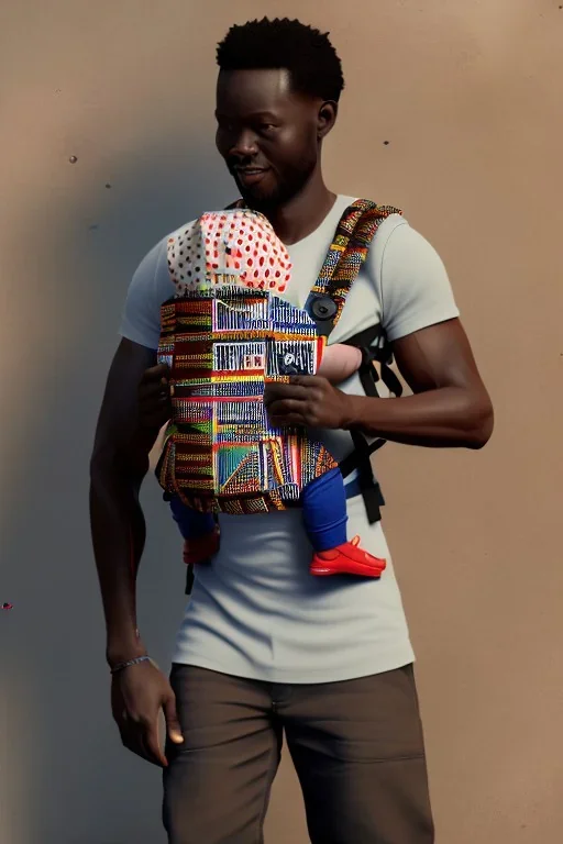 futuristic baby carrier in Kente, rusted clocks eyes, cinematic, scaffolding, ghana flag, african pattern symbols, black star, engraved, 8k quality