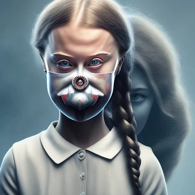  Greta Thunberg Mystery iconic mask, dramatique, art background, dramatic lighting, volumetric lighting, hyperrealisme, 8k, high quality, lot of details, fit within portrait