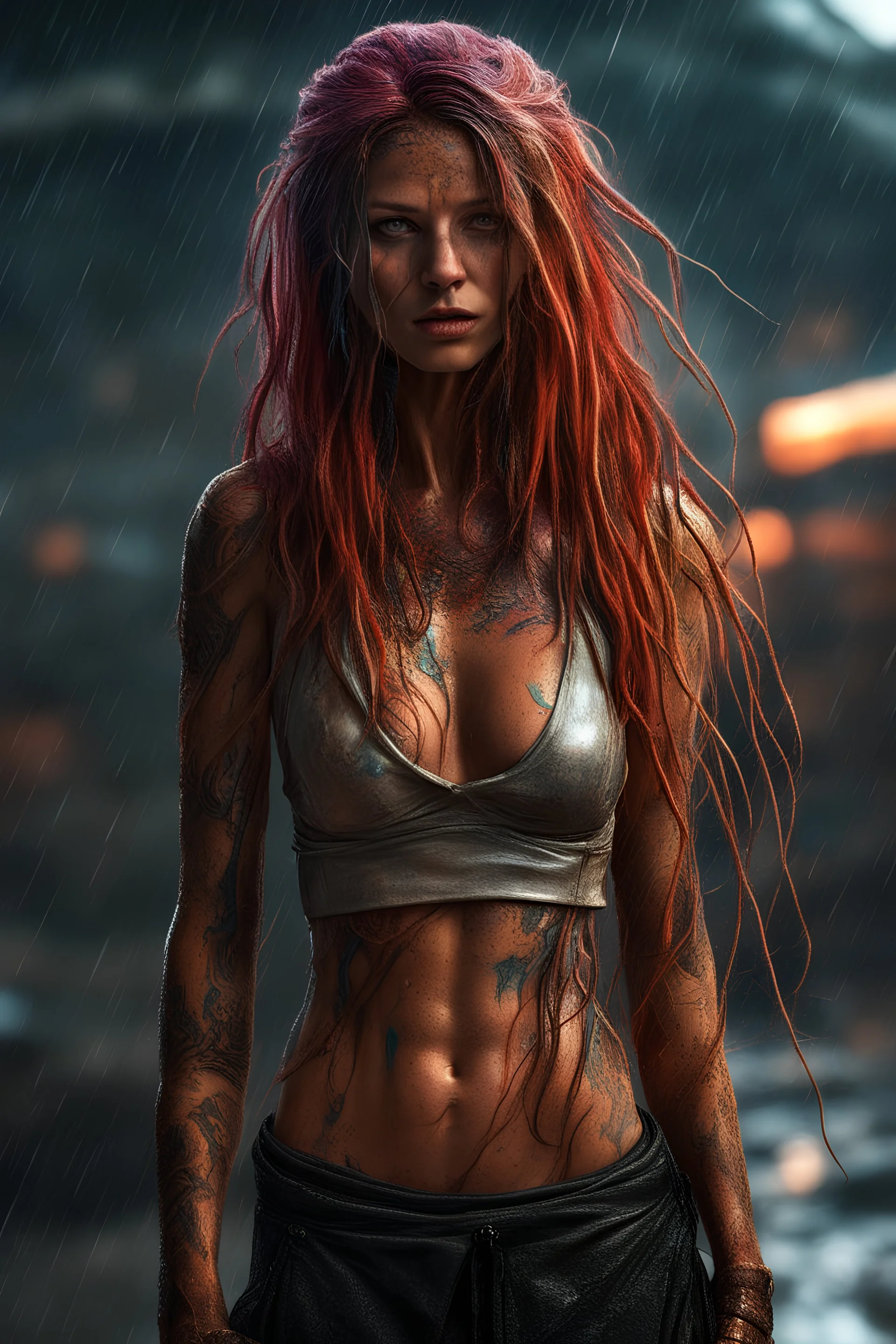 science fiction scene like cyberpunk on mars 45 years old woman long colorfull hair ultrarealistic wet skin, heavy rain, tattos photorealistic, wind is blowing, tanned skinny, show collarbones,