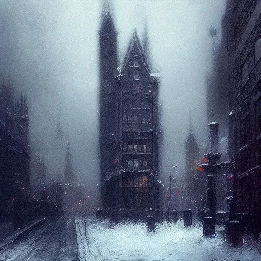 Gotham city, Neogothic architecture,snow, by Jeremy mann, point perspective,