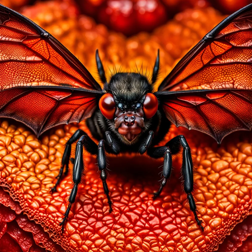 A national geographic award skin color patterned like a poisinous incect or reptile, horrorcore, science gone crazy, winning photograph of of a bat spider housefly hybrid in nature and on the hunt, 64k, reds, oranges, and yellows anatomically correct, 3d, organic surrealism, dystopian, photorealisitc, realtime, symmetrical, clean, 4 small compound eyes around two larger compound eyes, surrealism telephoto dynamic lighting 64 megapixels Unreal Engine volumetric lighting VRay