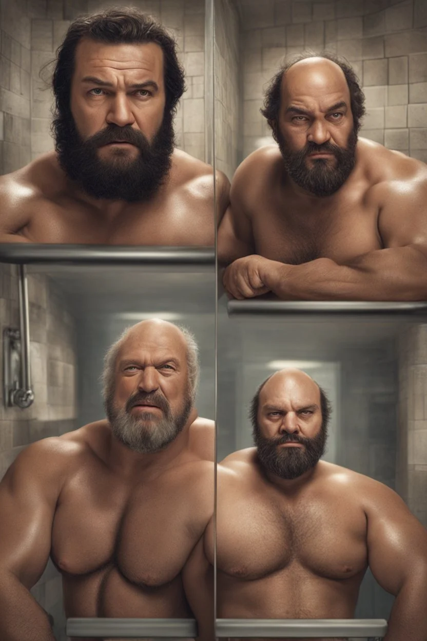 two ugly angry muscular chubby arabs 33 years old similar to bud spencer, bulging boxer, very detailed, full figure shot, very realistic photography, dim light, view from below, tiled restroom, tattoo, masculine bearded, mature barely burly bearded muscled and robust, photorealistic, strong side light