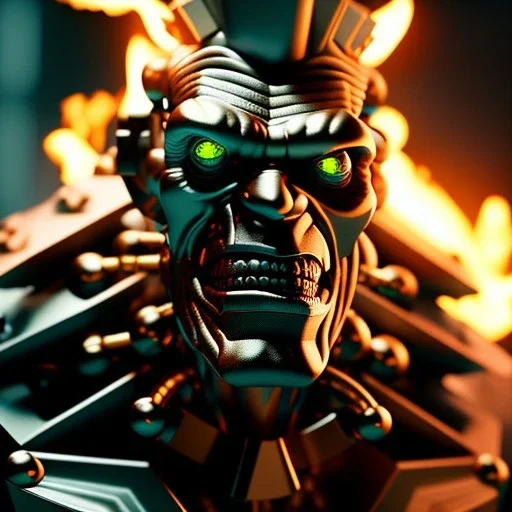 octane render of a metallic frankenstein's monster on fire, boris karloff, neck bolts, finely detailed, vignette