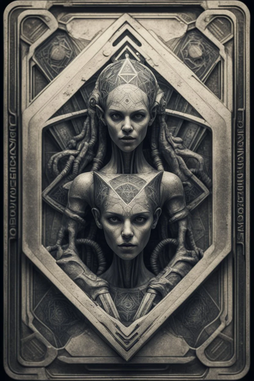 sacred geometry framed playing card, hyper violent ogre women soccer team in the Olympics in the style of Giger and fallout 4 ,,bokeh like f/0.8, tilt-shift lens 8k, high detail, smooth render, down-light, unreal engine