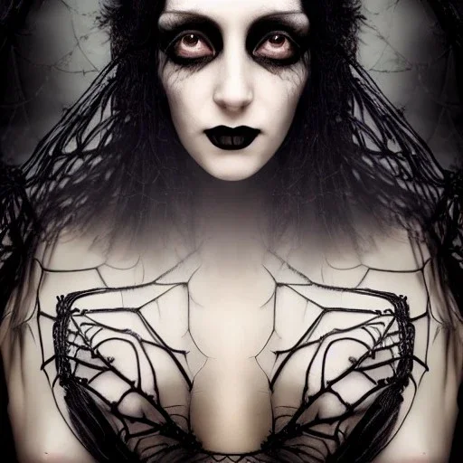 portrait of beautiful gothic woman with thick spiderwebs on face, dark, runny mascara, 8k, high-quality, fine-detail, black hair, intricate, sharp, crisp, digital art, detailed matte, illustration, octane render, brian froud, howard lyon, Anne Dittman, Anne Stokes, Lisa Parker, Selina French