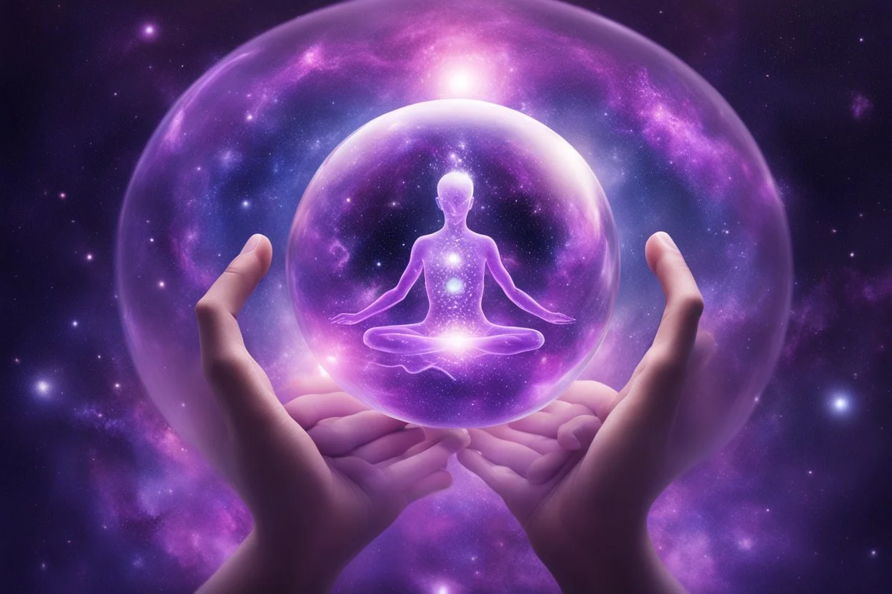 kundalini, connected to the universe, purple galaxy, holding universes in glass balls in hands around