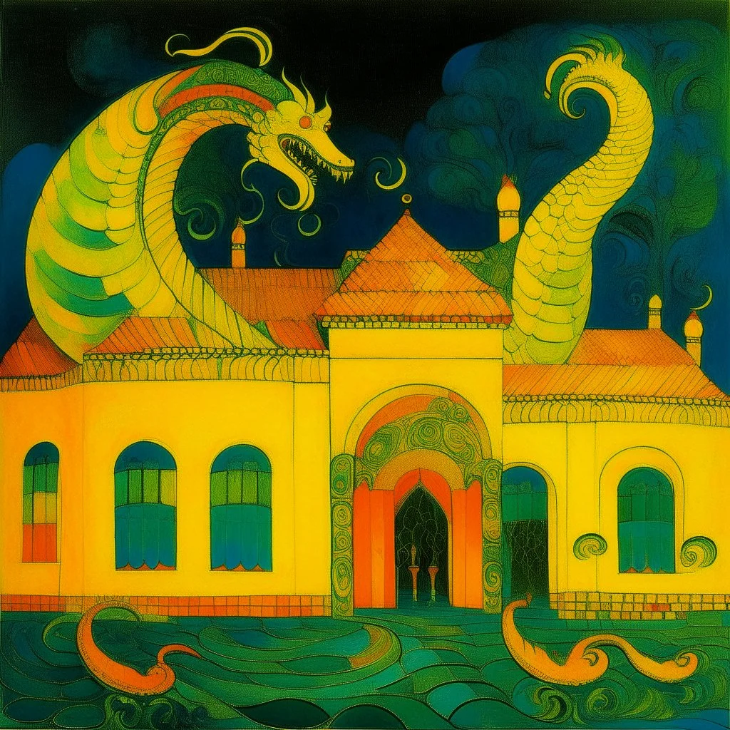 A yellow palace with glowing light dragons designed in ancient Greek pottery painted by Alexej von Jawlensky