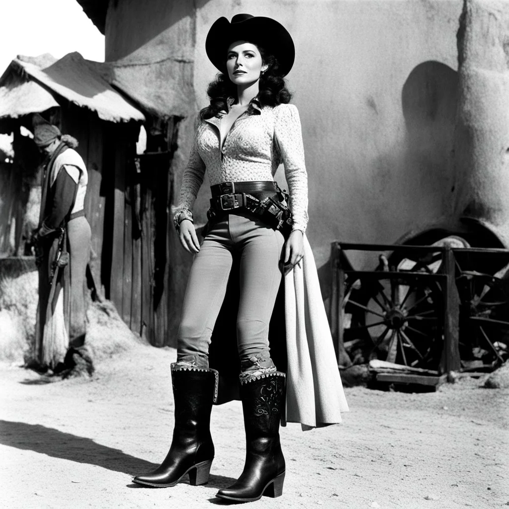 Rosanna schiaffino as a woman pistolero in the western "the man called noon", she stands in her santiag boots