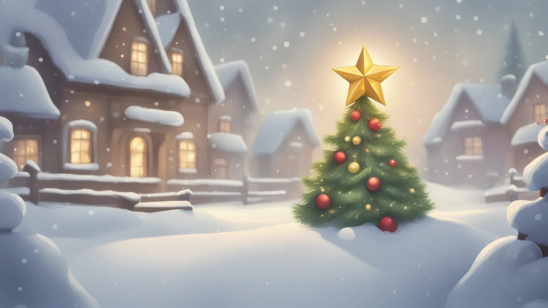 fantasy cartoon style illustration: a golden star on top of the decorated Christmas tree, in the snow
