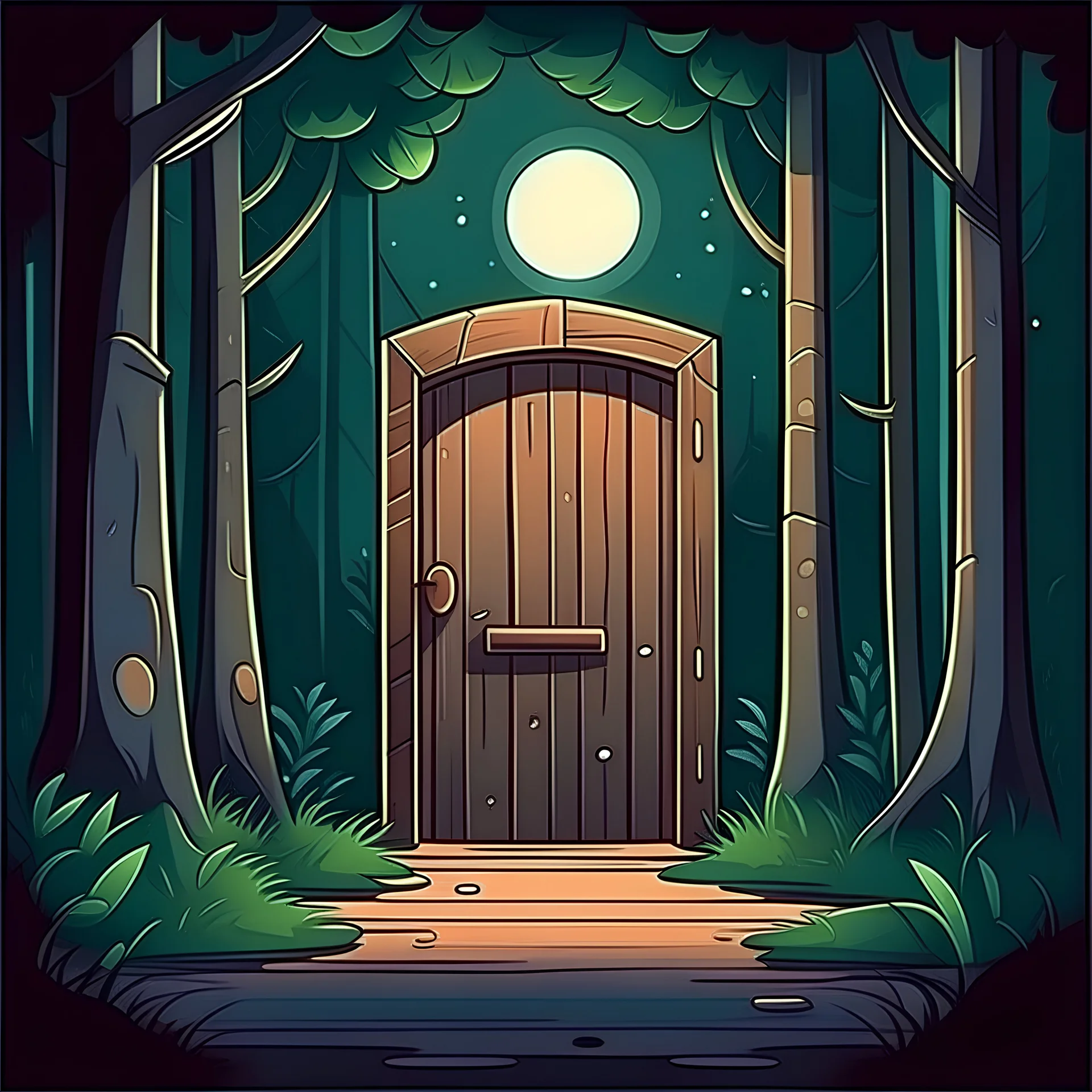 outsite room with wooden door in the middle of a forest at night cartoon