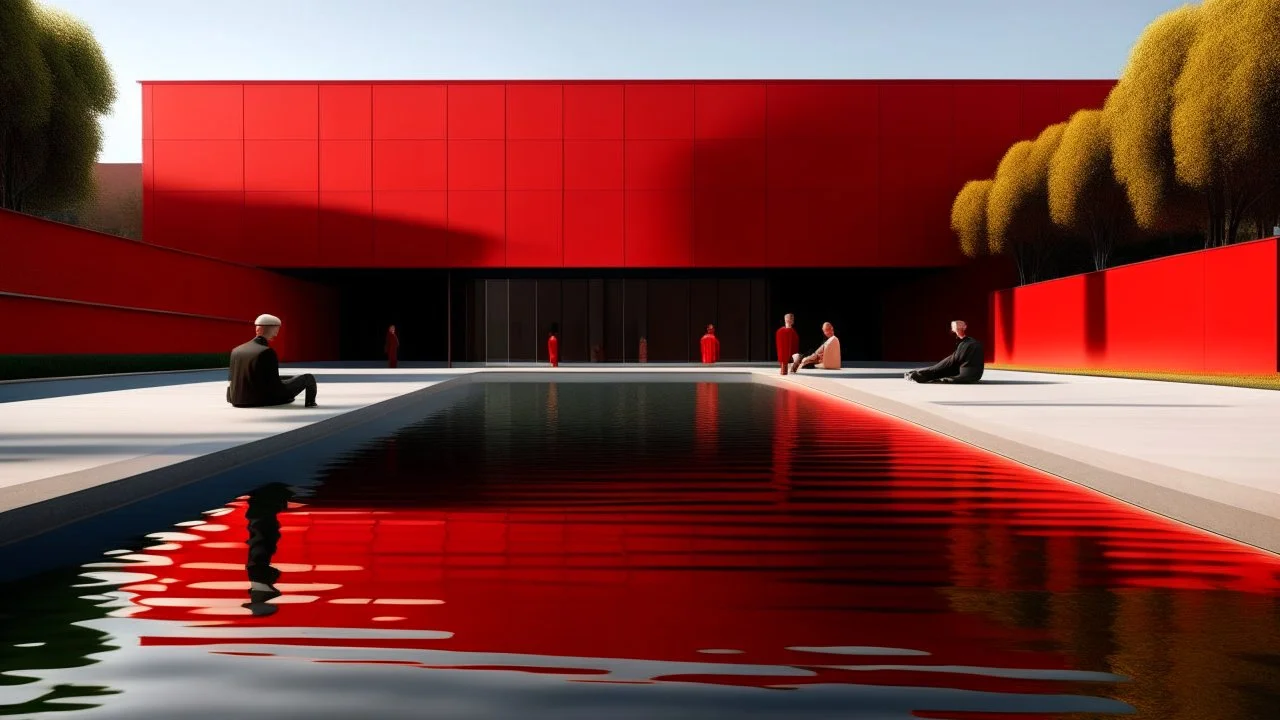 a couple of people sitting on a bench near a pool of water in front of a red building with a red roof, David Chipperfield, modernism, archdaily, a digital rendering