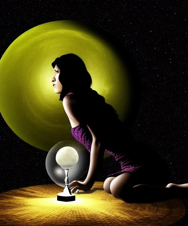 A dark female entity sitting down looking into a small crystal ball, fantasy, realistic