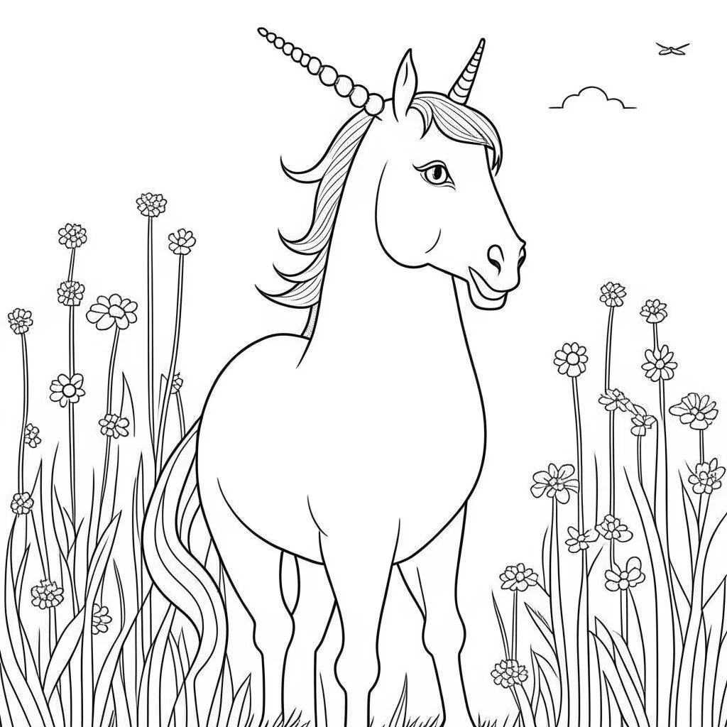 coloring page, cute unicorn, Unicorn in a Meadow, full view, realistic face, only draw lines, coloring book, clean line art, –no sketch, color, –ar 3:4, white background, minimalistic black lines, minimal black color, low level black colors, coloring page, avoid thick black colors, thin black line art, avoid colors, perfect shape, perfect clear lines,