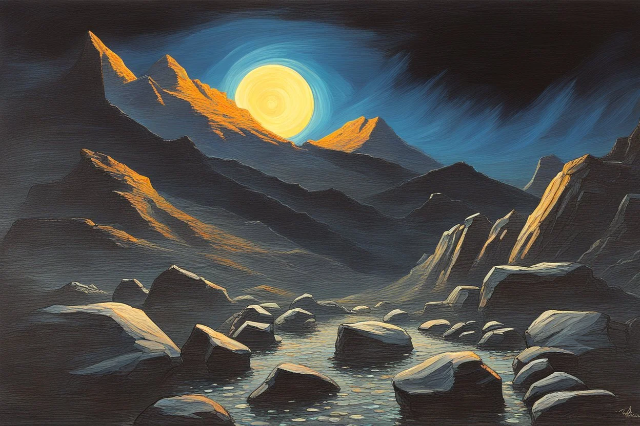 Rocks, night, mountains, 2000's sci-fi movies influence, ludwig dettman impressionism painting