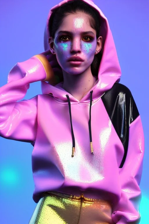 Ultra Realistic image, Rosalía artist, portrait, normal complexion, waist up portrait, long black eye line, sweet face, t-shirt with holes, inflatable hoodie, gold pink and blue style, spray glow make up, geometric led jewelry, fog, hot, inflatable style latex coat, vibrant color, highly detailed, art stations, concept art, smooth, unreal engine 5, god rays, ray tracing, RTX, lumen lighting, ultra detail, volumetric lighting, 3d, finely drawn, high definition, high resolution.