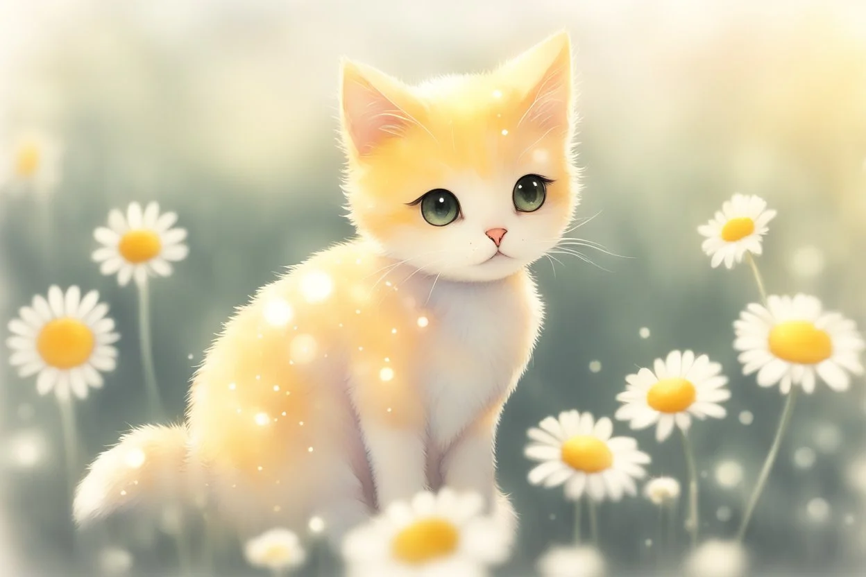 cute chibi daisy cat in sunshine, watercolor and black ink outlines, sparkling golden glitter, ethereal, cinematic postprocessing, bokeh, dof