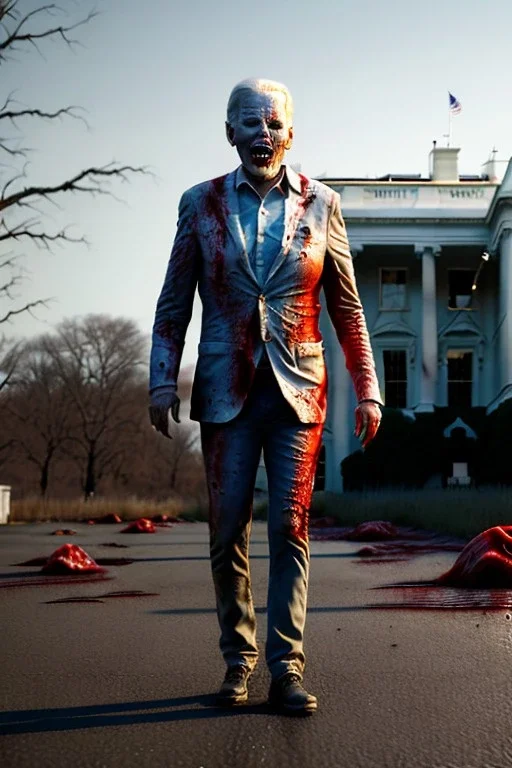 Ultra realistic image, joe biden zombie, zombie performance, blood, torn arm, night, walking twisted, waist up view, walking dead style, dark ambient, highly detailed, White House background, concept art, unreal engine 5, god rays, ray tracing, RTX, lumen lighting, ultra detail, volumetric lighting, 3d, finely drawn, high definition, high resolution.