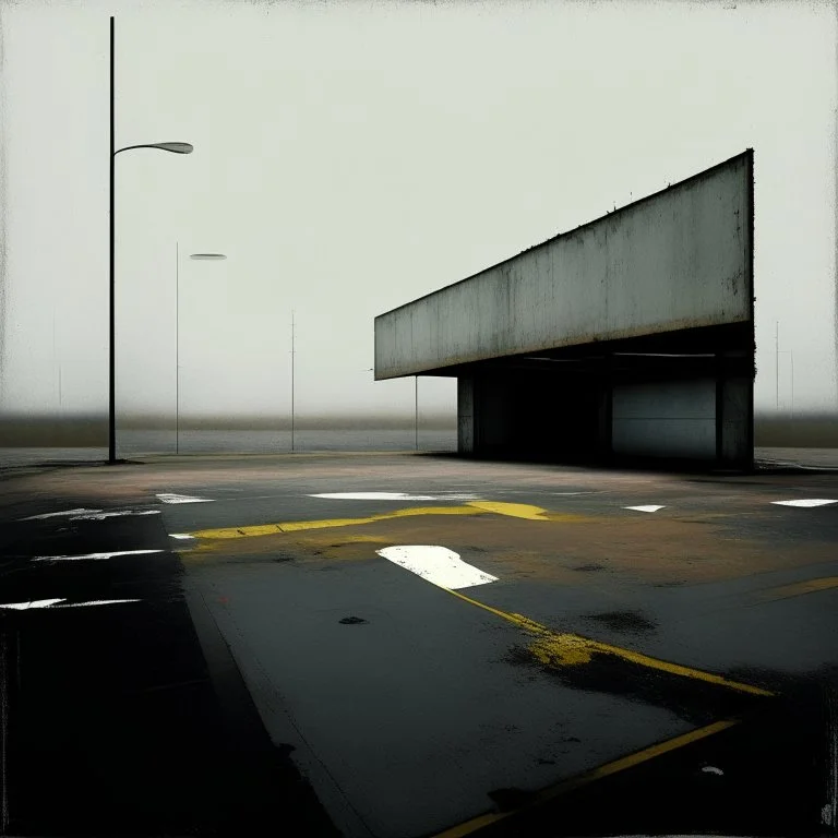 Minimal contemporary abstract oil paintings of desolate 1960s carpark with road markings and concrete fragments. Lone figure. Overlay with grungy typography graphics. style of Justin Mortimer and Francis Bacon.