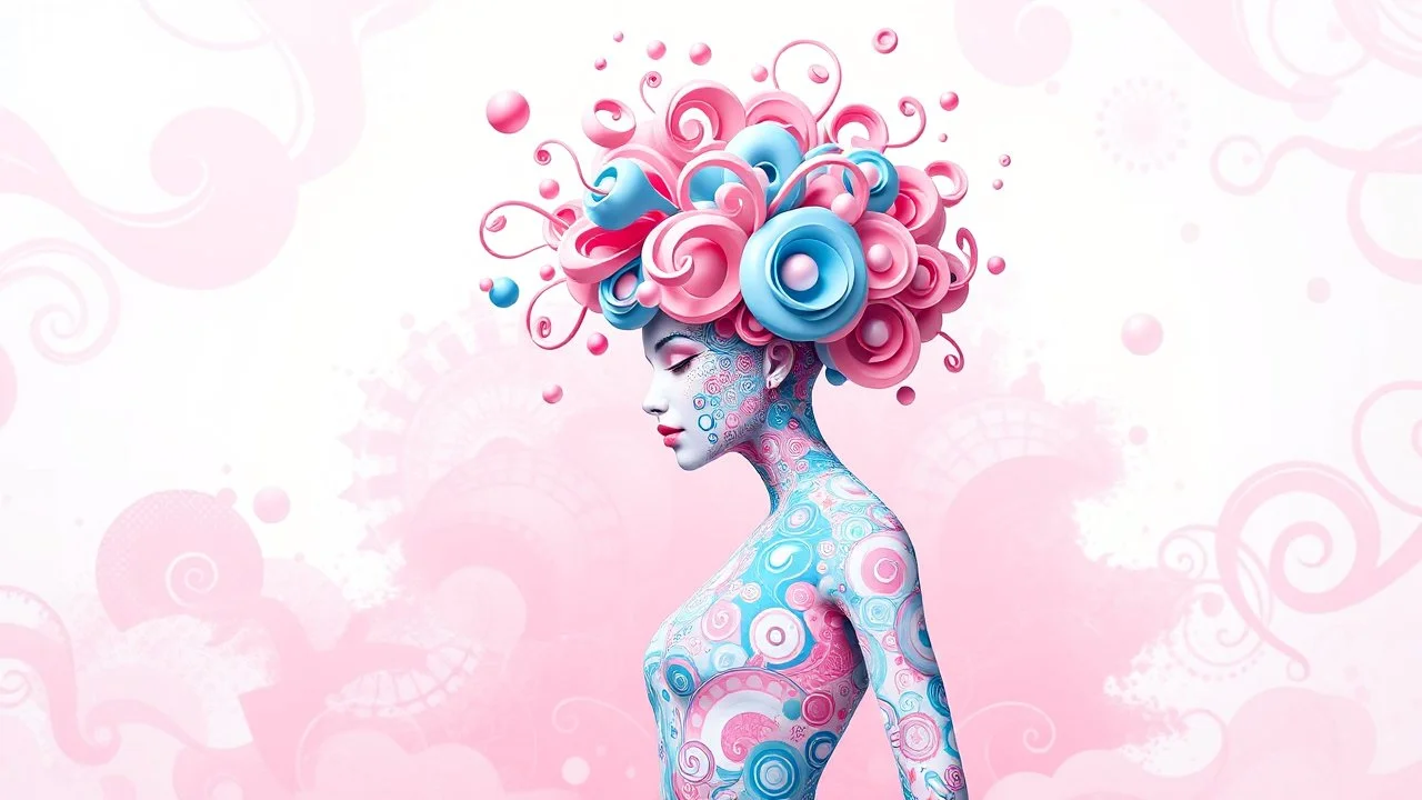 A digital artwork of a female figure adorned with intricate patterns and designs. The figure's body is covered in swirling lines, circles, and other abstract patterns in hues of pink, blue, and white. Her head is uniquely decorated with a bouquet of spiraling, bubble-like structures in shades of pink and blue. The background is a gradient of pink and blue, with abstract patterns that complement the figure's design. The overall ambiance of the image is dreamy and surreal.