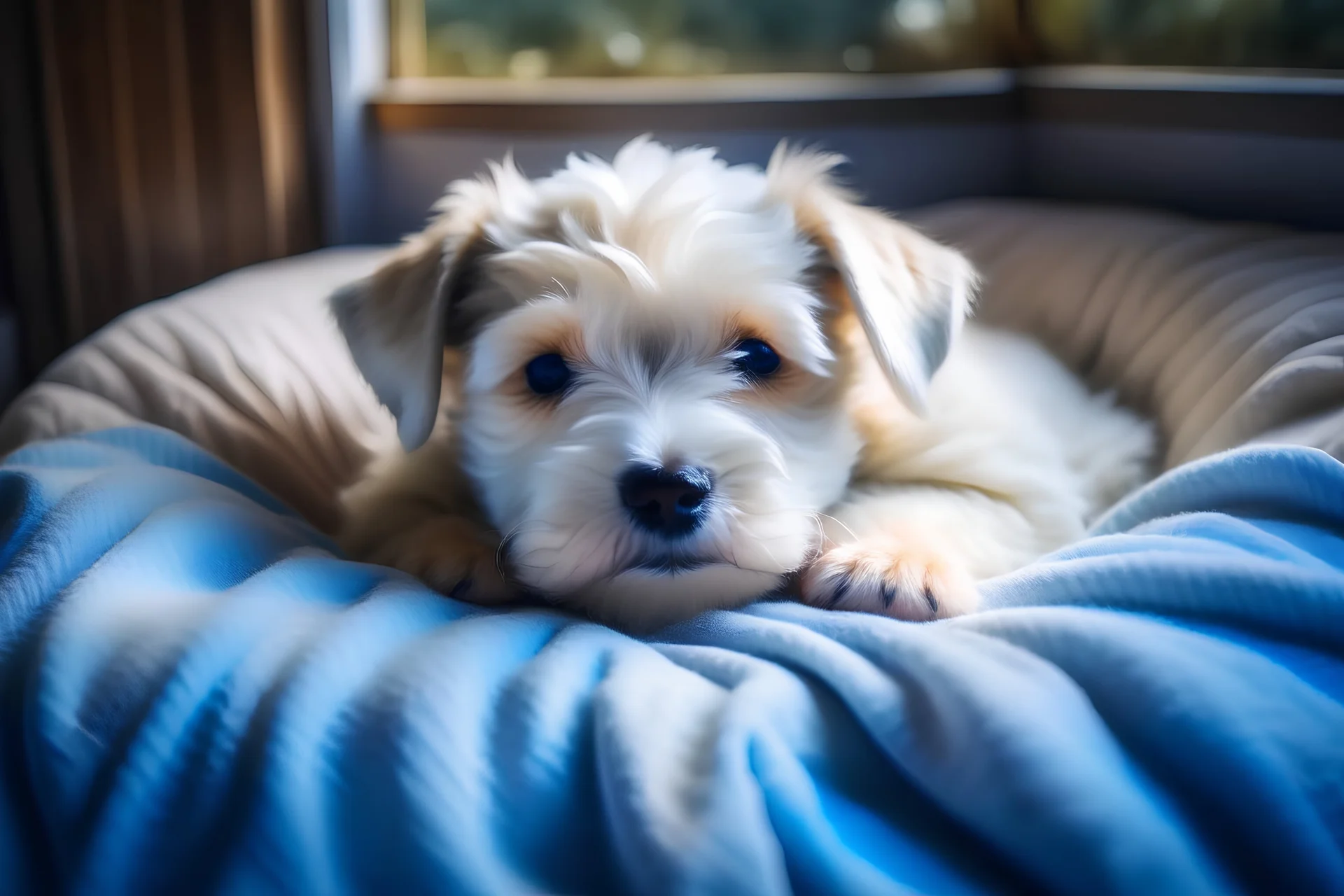 Generate an image depicting puppy curled up in his soft bed, surrounded by pillows and blankets. Show puppy with a content smile on his face as he drifts off to sleep, dreaming of the next adventure that awaits him tomorrow. The scene should convey a sense of peace and relaxation as puppy settles in for the night.