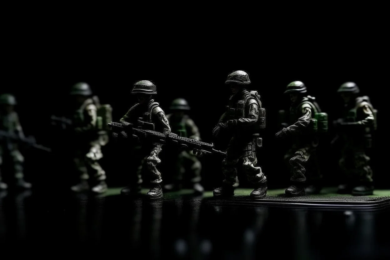 toy soldiers military operation rapocolypse looking away from camera to right corner black floor black blackground