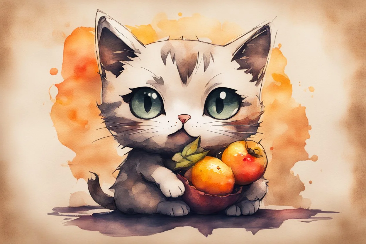 double exposure, merged layers, painted and burned burlap, cute chibi anime cat eating fruit, melting watercolor and black ink outlines on wet paper, soft, shading strokes, in sunshine, ethereal, otherwordly, cinematic postprocessing, bokeh, dof