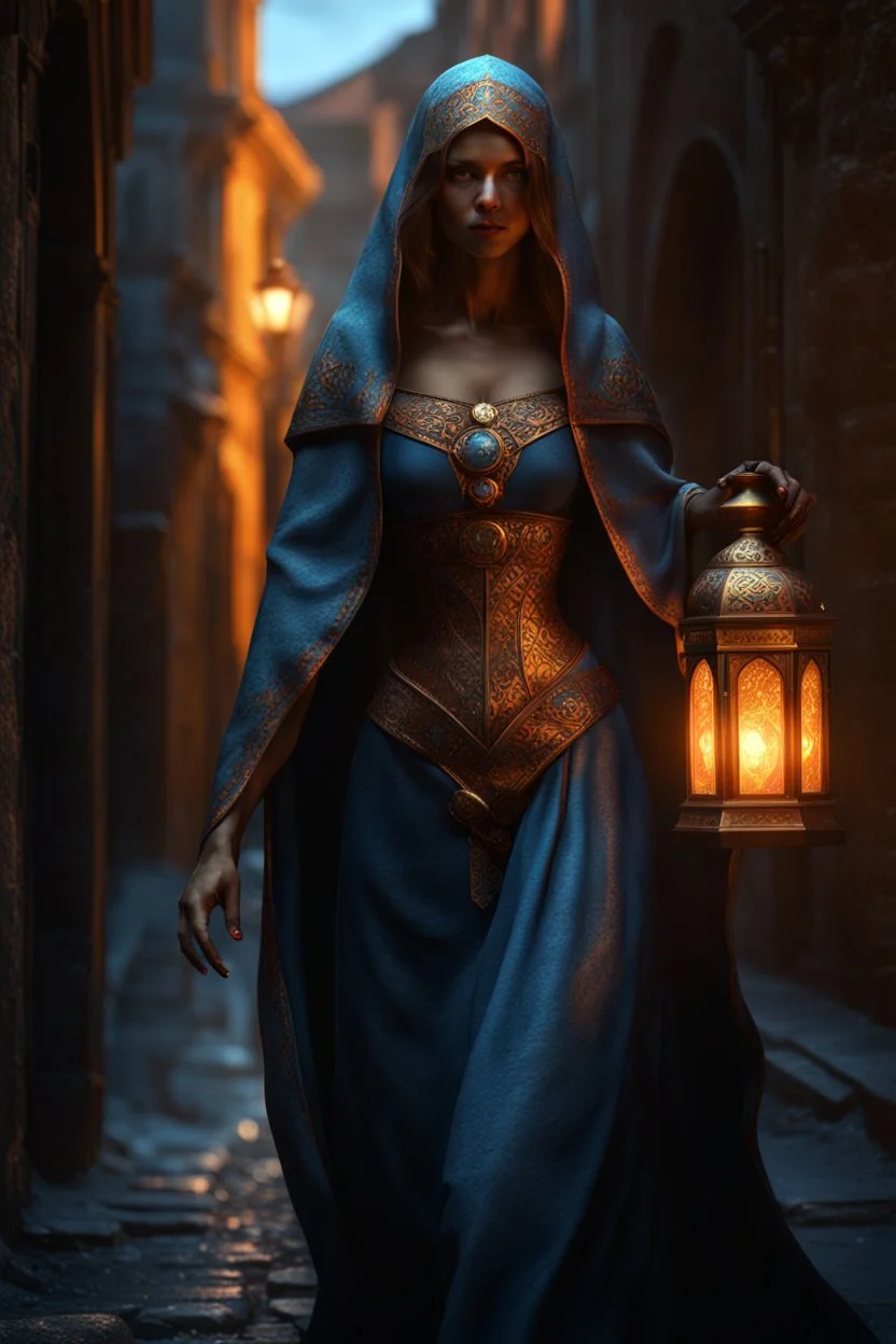 The ancient female Shadow of Death. frightening. Horror. walking the streets of a medieval city. fantasy art, blue and orange, gold, silver, copper, marble Cinematic lighting, Volumetric lighting, Epic composition, Photorealism, Very high detail, Character design, Unreal Engine, Octane render, HDR, Subsurface scattering