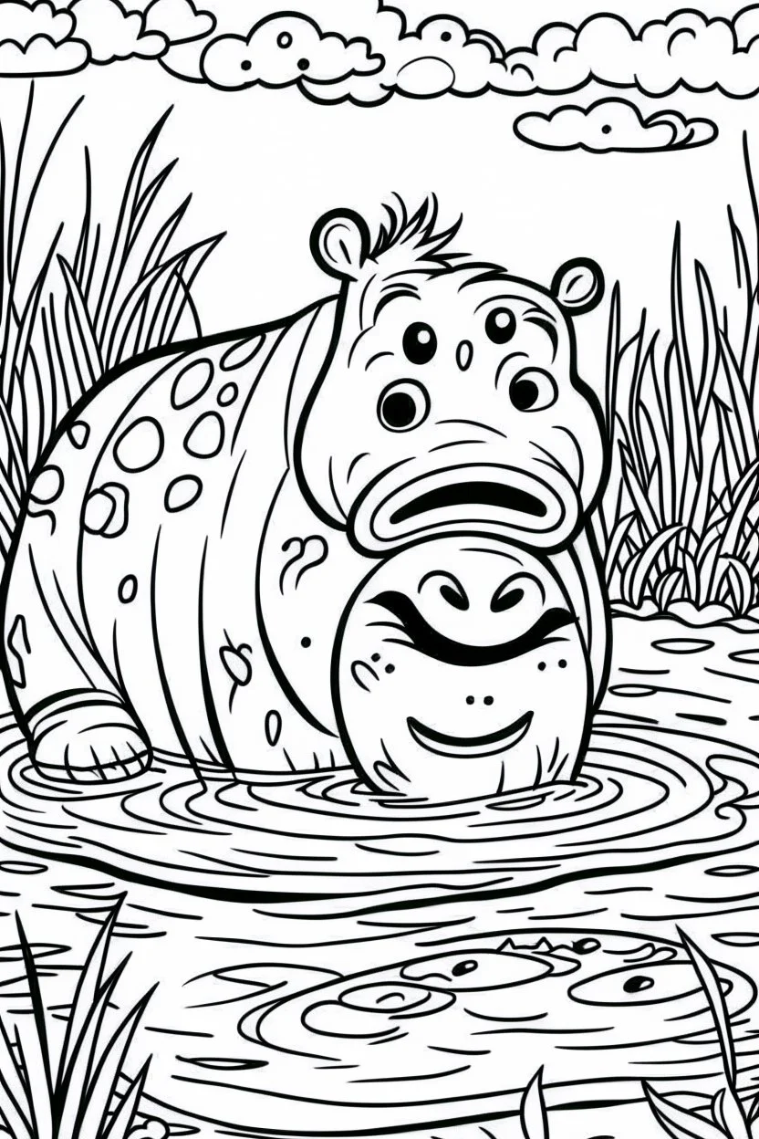 DRAW TO COLORING OF A HIPPOPOTAMUS ON A LAKE, BLACK AND WHITE CARTOON STYLE, LOW DETAILS, THICK LINES, NO SHADING LINES