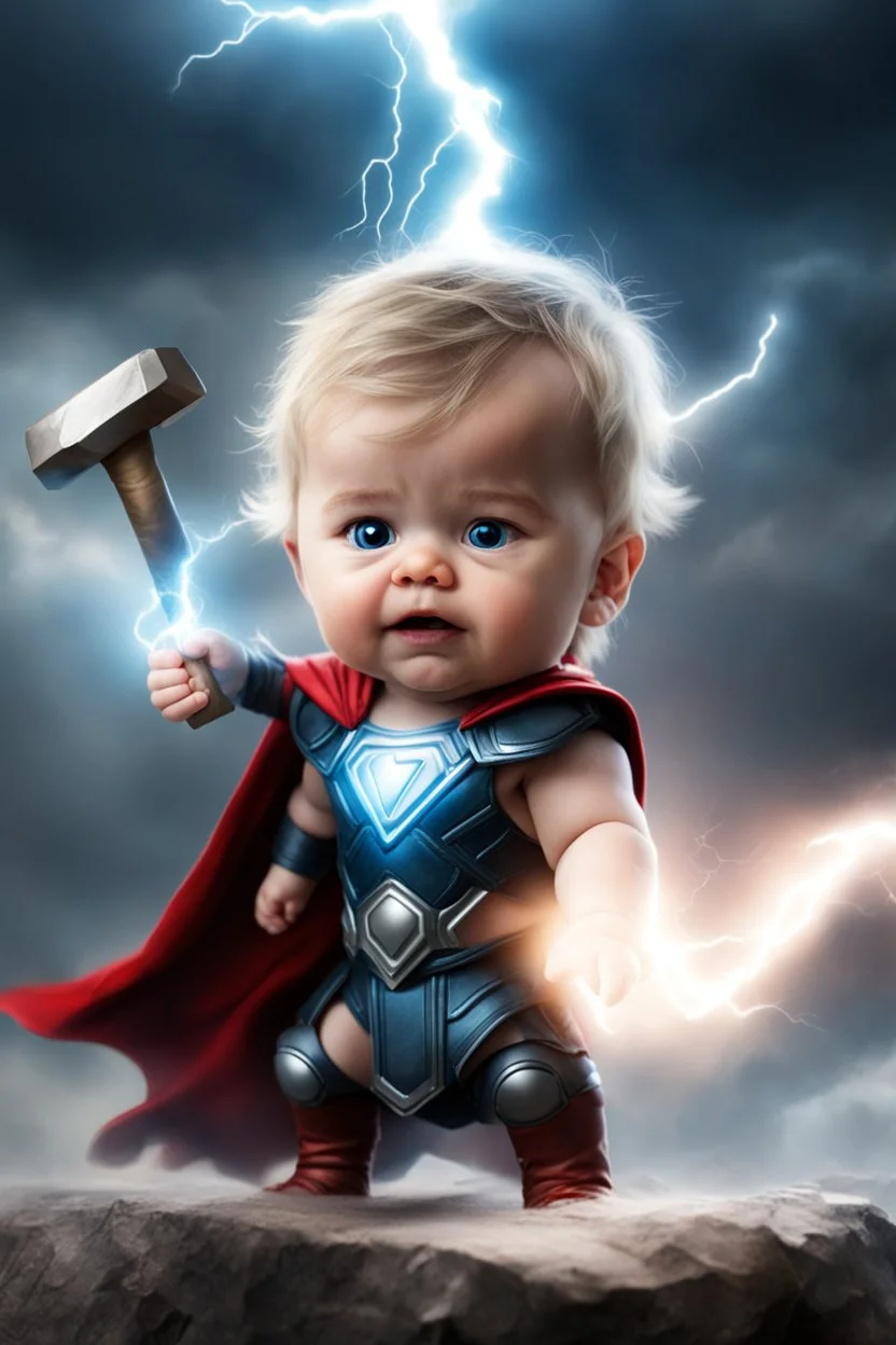 thor, as a little baby, wearing thor costume, hammer, lightening, epic compsition, thunderwaves from body