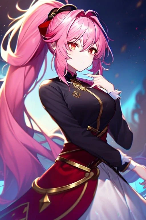 girl, masterpiece, best quality, cinematic lighting, detailed outfit, vibrant colors, perfect eyes, pink hair, long hair, vibrant red eye, ponytail, messy hair, gold eye,