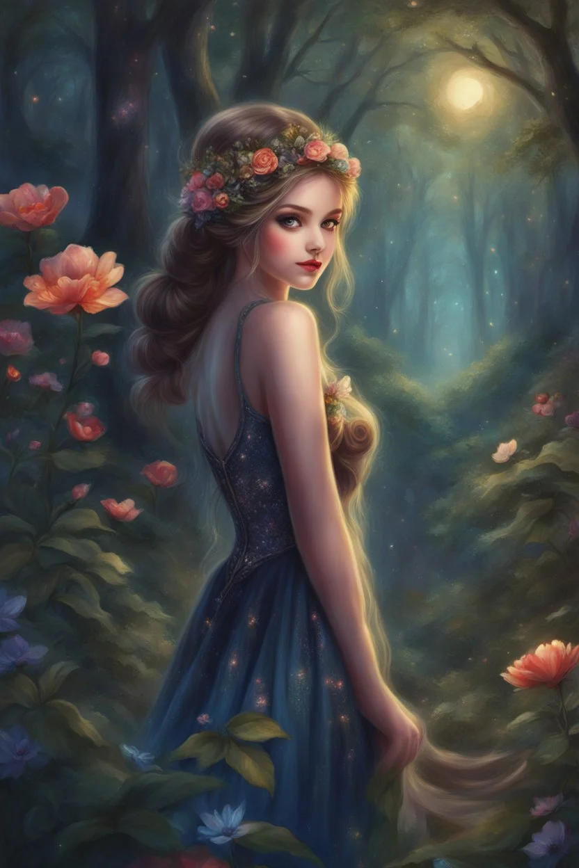 Painting of a beautiful girl, beautiful, haunted forest, flowers on her head, glitter dress, young girl, digital painting, fantasy art, pretty face, inspired by Thomas Kinkade, anime portrait, barbie face, big eyes, bright eyes, dream, trees, forest background, dark night, song, glitters background, fantasy, high quality, 8k