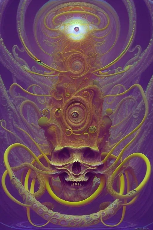 Spiritual being with Tentacles over human Head creating reality around, wrapping Spiral around Human, Psychedelic