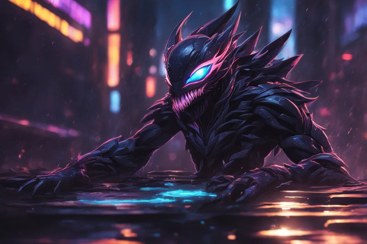 kindred venom in 8k solo leveling shadow artstyle, machine them, close picture, rain, neon lights, intricate details, highly detailed, high details, detailed portrait, masterpiece,ultra detailed, ultra quality